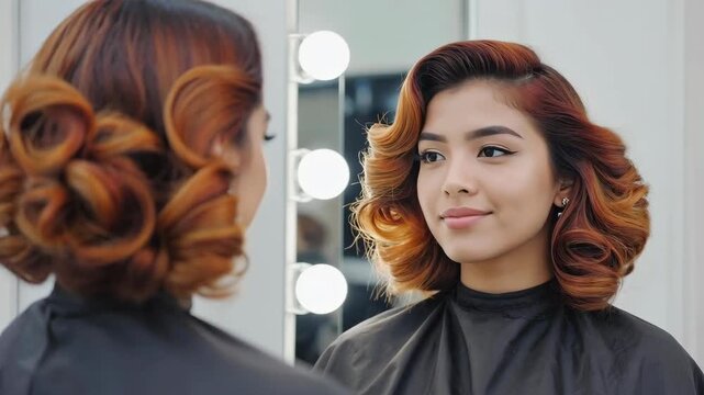 A woman with styled wavy hair and professional makeup looks at her reflection in a lit vanity mirror at a hair salon.