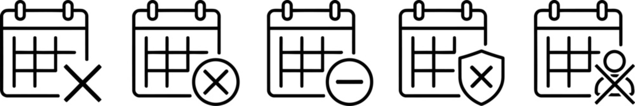 Set of calendar icons with cancellation and removal symbols