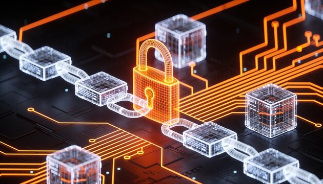 Isometric distributed ledger with glowing orange lock shield, holographic wireframe connected cubes forming a chain in neon circuitry on dark backdrop, crypto blockchain payment illustration