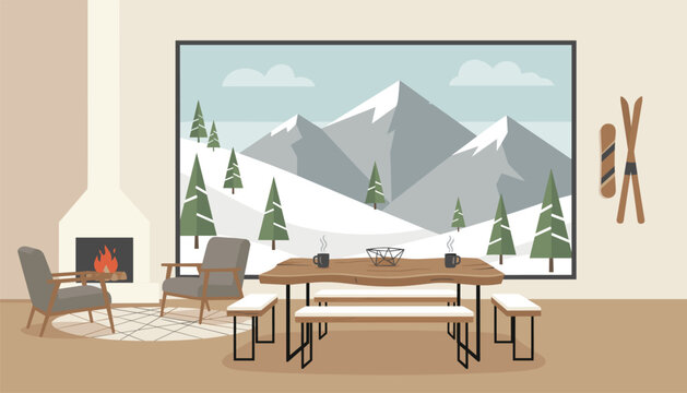Modern rustic dining room with a sleek fireplace and large window framing a snowy mountain winter landscape.