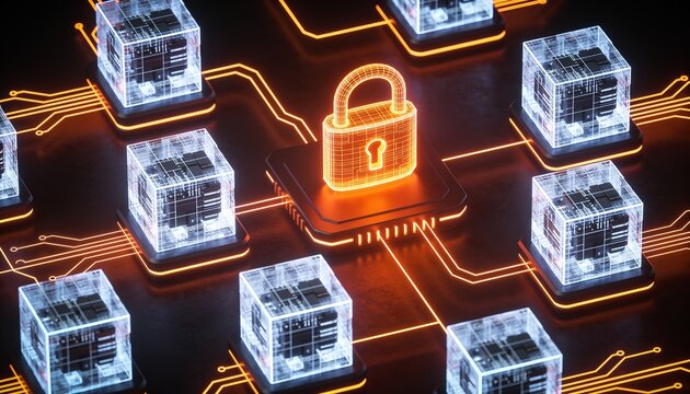Isometric distributed ledger with glowing orange lock shield, holographic wireframe connected cubes forming a chain in neon circuitry on dark backdrop, crypto blockchain payment illustration