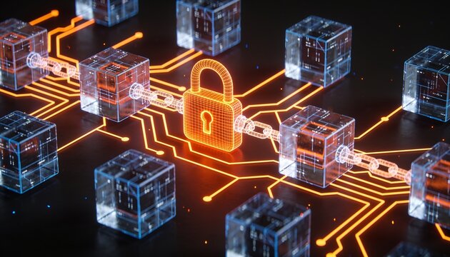 Isometric distributed ledger with glowing orange lock shield, holographic wireframe connected cubes forming a chain in neon circuitry on dark backdrop, crypto blockchain payment illustration
