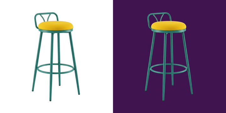 Modern tall bar stool with a green metal frame and yellow circular seat pad transparent png