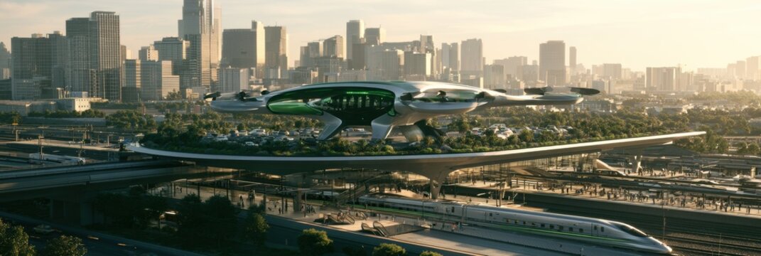 An architectural render of a vertiport and train station connected to a high-speed rail terminal, promoting seamless transport.