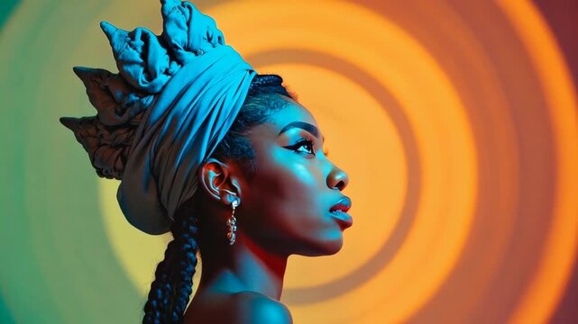 Woman with a large, ruffled headwrap in profile, illuminated by blue and red light against a backdrop of concentric circles.