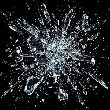 Exploding glass shards on black, shattered transparent window fragments, dramatic broken glass impact with sharp splinters and debris.