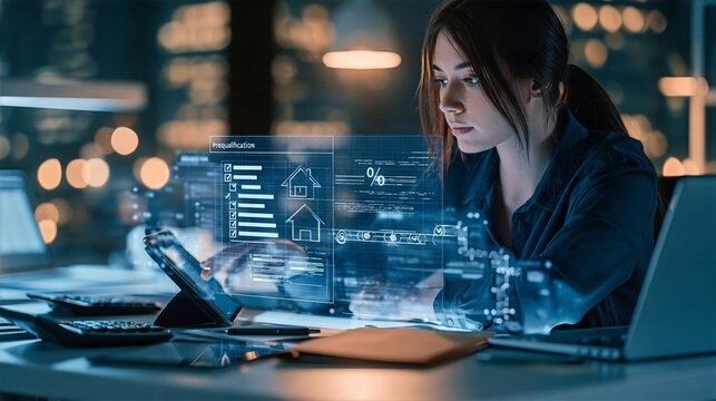 Finance Analyst Reviewing Loan Prequalification with Holographic Interface