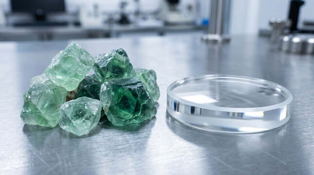 Raw green fluorite crystals next to a polished optical glass disc on a steel table