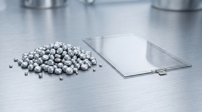 Pile of raw indium pellets next to a conductive touch screen panel on a steel table