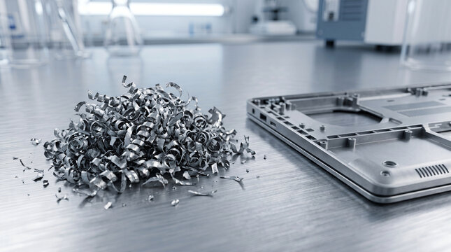 Pile of raw magnesium turnings next to a metallic laptop chassis on a steel table