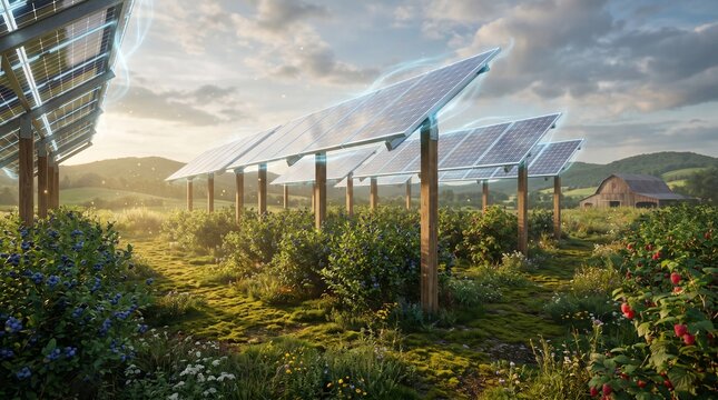 Dual Use Solar Farm with Berry Plants and Elevated Energy Modules in a Magical Agricultural Landscape
