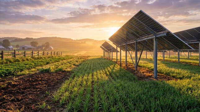 Solar Panels Rising Above Green Crop Rows with Soft Morning Light in Sustainable Agriculture