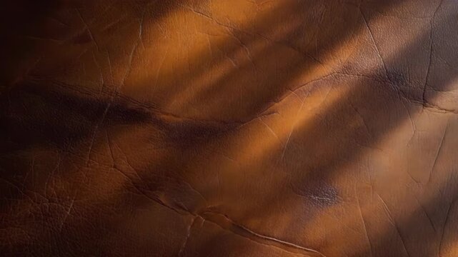 Close-up view of a textured brown leather surface featuring dappled light and distinct shadows.