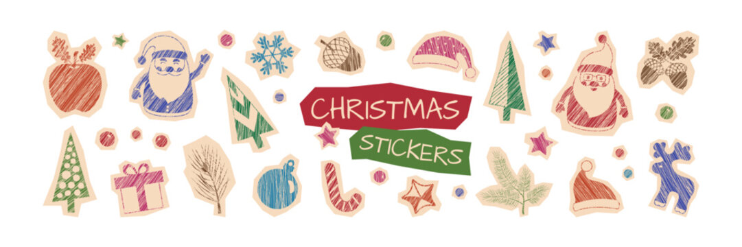Christmas crayon sticker, winter fun doodle. Scribble colorful chalk collage, Xmas sketch paper scrapbook element. Holiday decoration pattern hand drawn set isolated on white bg. Vector illustration