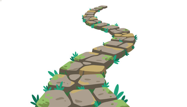 Winding stone pathway with mossy green grass tufts curves upward across a clean white background.