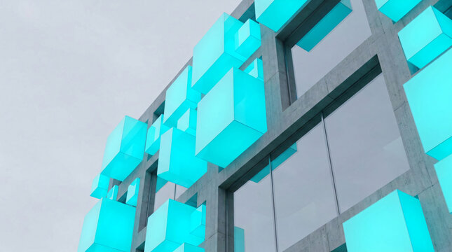 Modern architectural facade featuring glowing cyan geometric cubes emerging from concrete and glass structure, low angle perspective capturing futuristic building design with vibrant turquoise