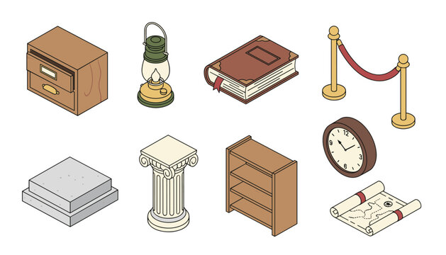 Collection of isometric museum and library objects including furniture and antique artifacts isolated on white.
