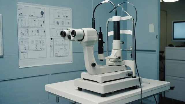 A professional operating microscope for eye surgery positioned in an ophthalmology clinic with anatomical charts on the wall.