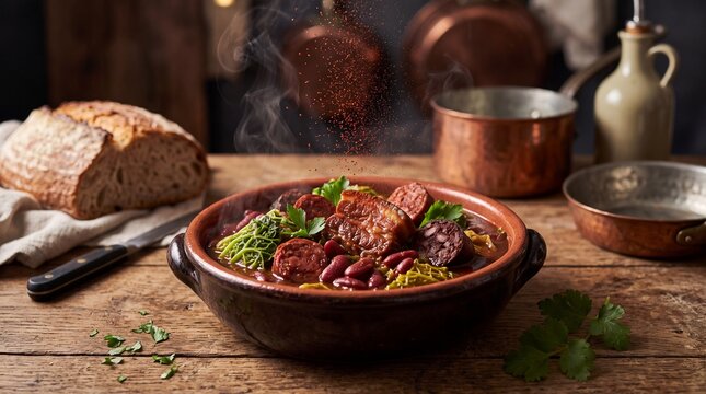 Gourmet Portuguese Feijoada &agrave; Transmontana with Dramatic Paprika Dusting in Rustic Ambiance