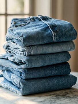 A stack of four folded womens jeans shows various styles including boyfriend and skinny in medium blue wash on a marble surface with window light.