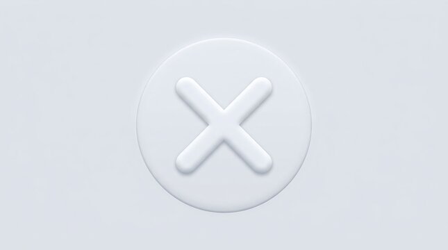 Minimalist white neumorphic cross icon, modern 3D close sign button, soft light clay cancel interface symbol for UI design