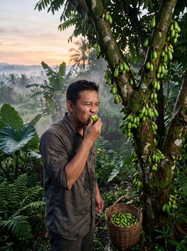 Tasting Sour Green Bilimbi in a Misty Tropical Dawn Orchard
