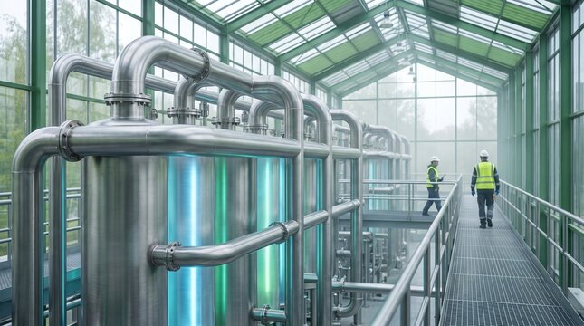 Modern Electrolysis Equipment Glowing Inside a Sustainable Plant with Pristine Steel Textures