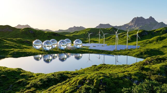 Hydrogen Storage Tanks Beside Renewable Power Systems in an Emerald Landscape with Crystal Reflections