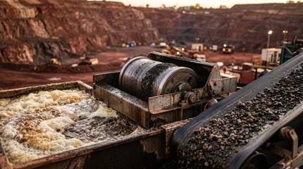 Obraz na płótnie Canvas Crushed rare earth ore with flotation froth, magnetic separator and conveyor belts inside an industrial mining facility