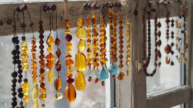 A selection of varied amber jewelry and beaded necklaces hanging from a rustic beam in front of a window.