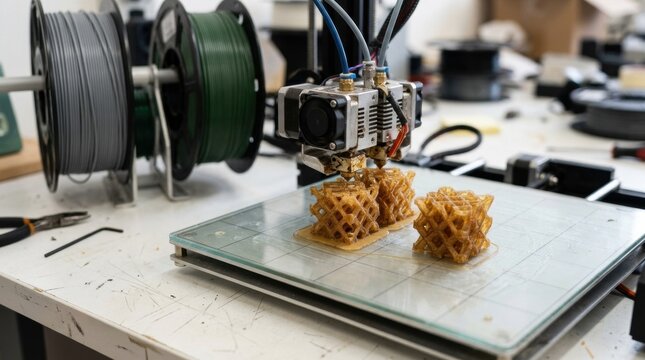 Polymer additive manufacturing setup with translucent printed lattice parts, filament spools, print heads, and a heated build plate on a workbench.