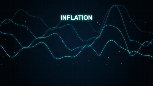 Digital visualization of inflation trends with glowing blue wave lines on a dark grid background representing economic market fluctuations and financial data analysis