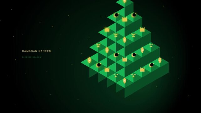 Ramadan kareem greeting card design with a creative geometric christmas tree shape made of islamic mosque icons and lanterns on a dark green background