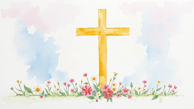 Golden Christian cross surrounded by soft watercolor flowers and blue sky accents on a light devotional background.