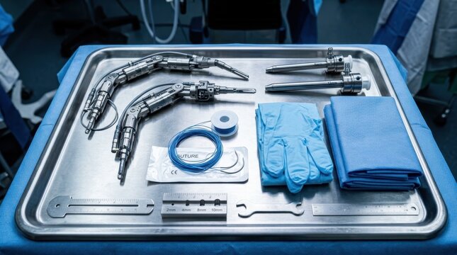 Robotic surgical forceps, trocar sleeves, suture thread, sterile drapes and calibration tools arranged on a stainless steel medical tray