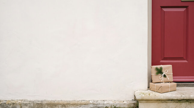 Kraft paper parcels rest on a doorstep near a red door