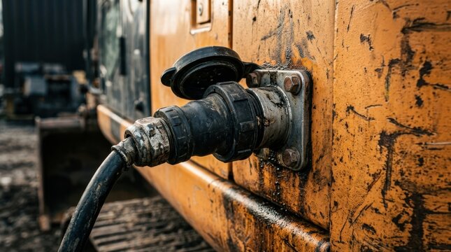 Rugged charging port and heavy duty plug on excavator steel panel with grease marks, textured paint, and cable strain relief