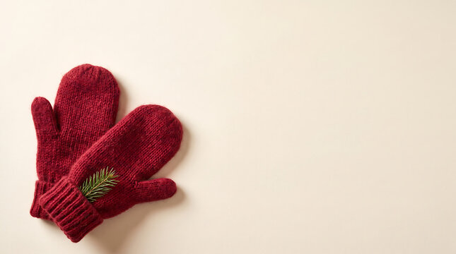 Red knitted mittens lie on a cream colored surface