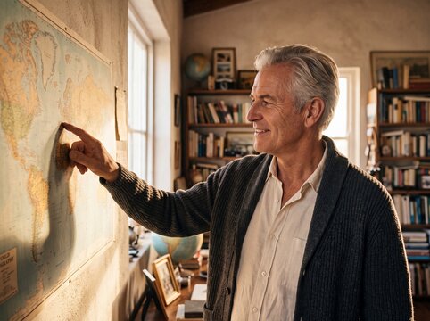 Senior Man Tracing Travel Routes on Vintage Wall Map at Sunset
