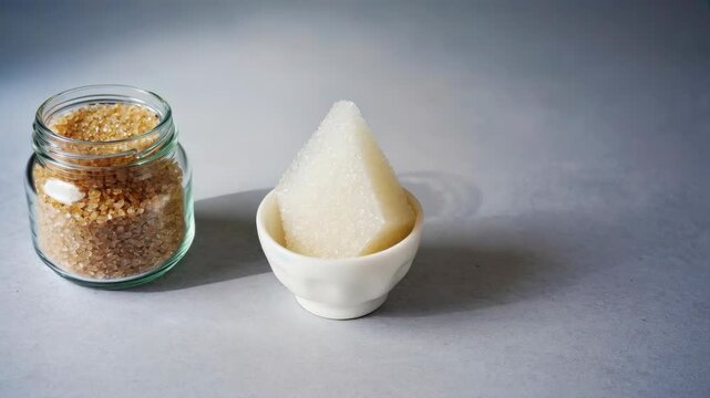 A piece of crystalline rock sugar in a small white bowl beside a glass jar of coarse brown sugar on a neutral surface.
