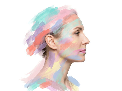 Side profile of a woman with her face painted in vibrant brush strokes on a white background.
