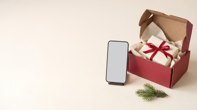 Smartphone and red cardboard box with gift festive presentation