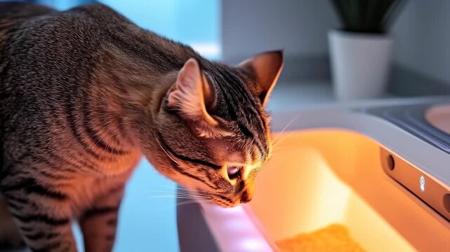 A curious tabby cat peers into a glowing, high-tech pet feeder with warm orange light in a cozy home setting.
