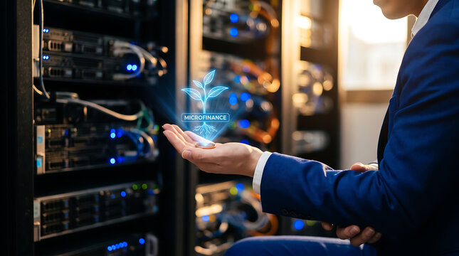 A person in a blue suit holding a glowing blue holographic plant icon with the text microfinance in a server room with golden hour sunlight