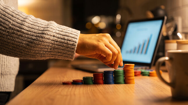 A person in a knitted sweater stacks colorful plastic game chips into a rising chart formation on a wooden desk, with a laptop displaying a bar graph in the blurred background