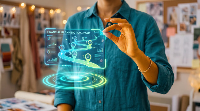 A person in a teal shirt interacting with a glowing, holographic financial planning roadmap interface featuring a winding path, numbered markers, and data charts