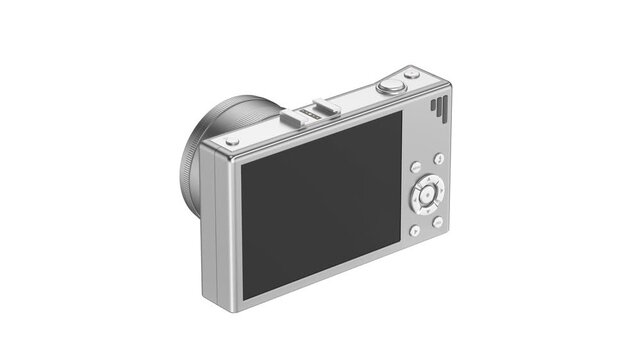 Silver mirrorless digital camera with zoom lens on white background