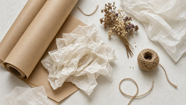 Kraft paper roll, tissue paper, jute twine and dried flowers flat lay for eco gift wrapping