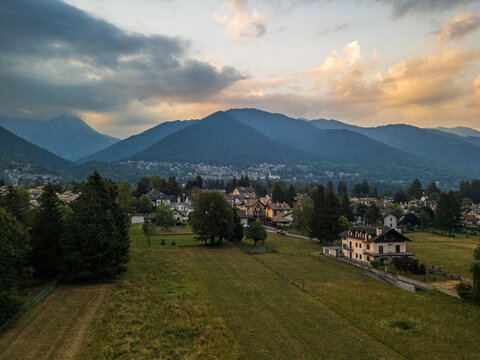 Panoramic aerial view at sunset over Santa Maria Maggiore in Vigezzo Valley