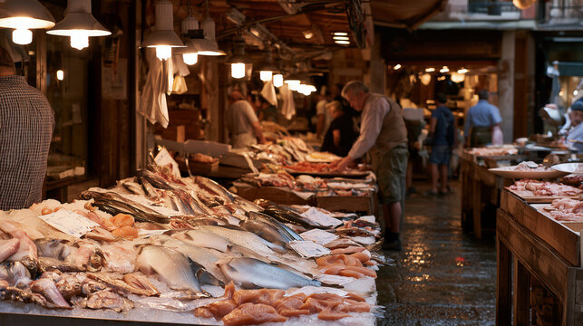 Traditional fish market with fresh fish displayed on ice, wooden stalls, shoppers and vendors in a lively atmosphere